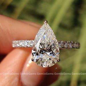 Pear Cut Lab Grown Diamond Ring, 14K Solid White Gold Solitaire Ring, Pave Setting Ring, Stackable Ring, CVD Diamond Ring, Gift For Her