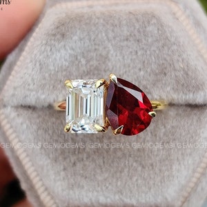 Pierścionek Toi Et Moi, Bezbarwny Szmaragd i Czerwony Granat, Pierścionek Zaręczynowy z Moissanite w Szlifcie Gruszki, Pierścionek ze Złota 14K, Pierścionek z Dwoma Kamieniami, Prezent Dla Niej