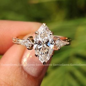 1.5 CT Marquise Cut Lab Grown Diamond Engagement Ring, 14K Solid Gold Three Stone Ring, Trilogy Ring, IGI Certified Diamond Ring For Her