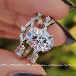 1.5 CT Oval Cut Moissanite Engagement Ring 14K Solid White Gold Ring, Leaf Shape Band, Bridal Ring Set, Wedding Ring Set, Statement Ring Set