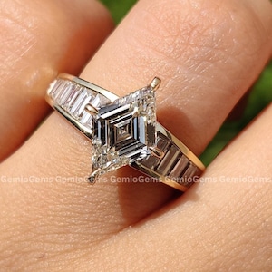 1.5 CT Lozenge Cut Moissanite Engagement Ring, 14K Solid Yellow Gold Ring, Channel Set Ring, Side Baguette Ring, Anniversary Gift For Her