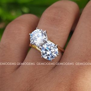 Toi Et Moi Ring, 2.4 TCW Round Cut Moissanite Engagement Ring, 14K Solid Gold Ring, Bypass Shank Ring, Two Tone Ring, Two Stone Ring For Her
