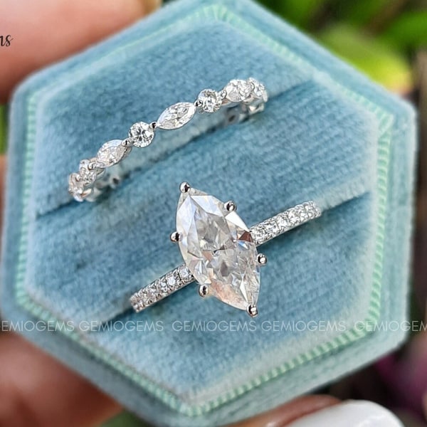 1.5 CT Marquise Cut Moissanite Diamond Engagement Ring Set, Moissanite Bridal Wedding Ring Sets For Her,14K White Gold Marquise Bridal Set