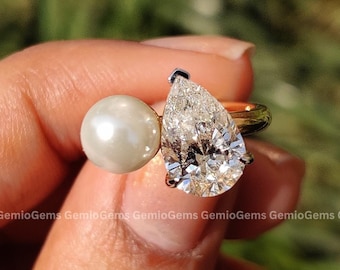 Bague toi et moi, bague de fiançailles en moissanite taille poire 3 carats, bague trois griffes en or massif 14 carats, bague de promesse, bague de perle latérale, bague de proposition
