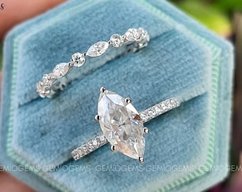 1.5 CT Marquise Cut Moissanite Engagement Ring Set, 14K Solid White Gold Ring Set, Hidden Halo Ring / Pave Setting Set, Wedding Ring Set