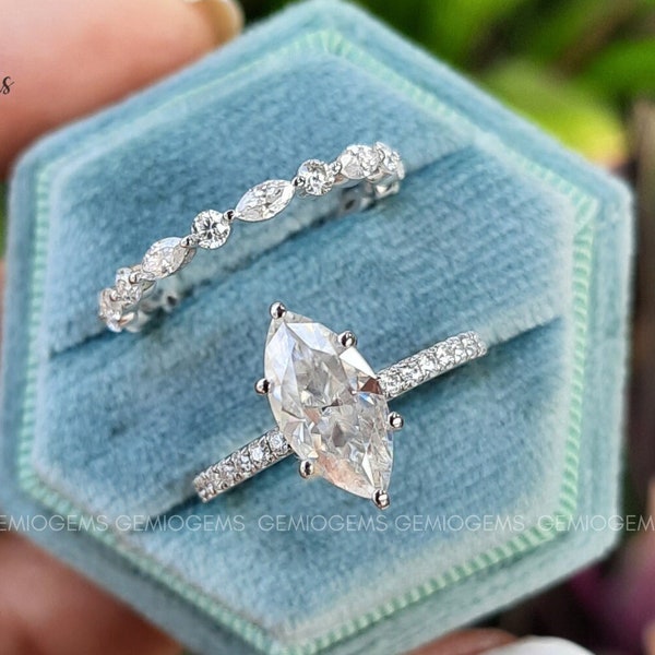 1.5 CT Marquise Cut Moissanite Engagement Ring Set, 14K Solid White Gold Ring Set, Hidden Halo Ring / Pave Setting Set, Wedding Ring Set