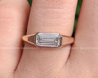 East West Ring, 1 CT Emerald Cut Lab Grown Diamond Engagement Ring, 14K Solid Gold Bezel Ring, Proposal Ring, Solitaire Ring, Promise Ring
