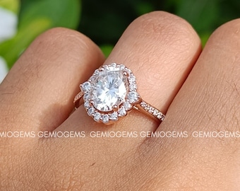 2 CT Oval Cut Moissanite Halo Engagement Ring, 14K Solid Gold Ring, Art Deco Ring, Migraine Ring, Anniversary Gift For Her, Handmade Jewelry