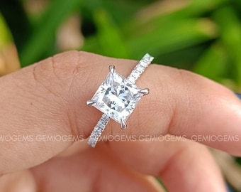 2 CT Princess Cut Moissanite Engagement Ring, 14K Solid Gold Ring, Classic Hidden Halo Ring, Pave Set Ring, Bridal Set Ring, Gift For Her