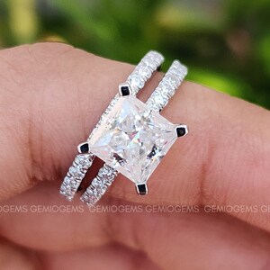 2ct 7mm Princess Moissanite Wedding Ring Set, Engagement Ring Set,14K Solid Gold, Princess Ring, Bridal Sets, Simulated Diamond ring set image 2