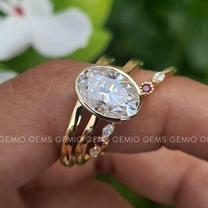 3 CT Oval Cut Moissanite Engagement Ring Set 14K Solid Yellow Gold Ring Set, Bezel Setting Ring Set, Solitaire Ring, Bridal Ring Set For Her