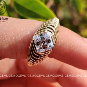 1.35 CT Asscher Cut Moissanite Engagement Ring, 14K Solid Yellow Gold Ring, Solitaire Ring, Unique Band Ring, Promise Ring, Anniversary Gift