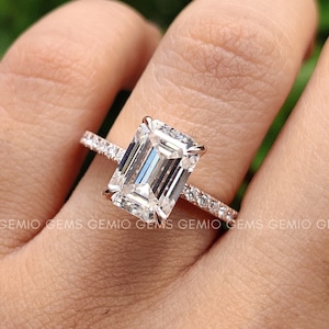 3.12 CT Emerald Cut Moissanite Engagement Ring, 14K Solid White Gold Ring, Solitare Ring, Eternity Ring, Hidden Halo Ring, Anniversary Gift