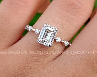 1.75 CT Emerald Cut Moissanite Engagement Ring, 14K Solid Gold Ring, Double Prong Ring, Distance Pave Ring, Stackable Ring, Gift For Her
