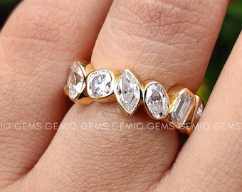 4.4 TCW Multi Shape Brilliant Cut Moissanite Wedding Band, 14K Solid Yellow Gold Band, Full Eternity Band, Mixed Shape Band, Bezel Band