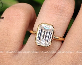 2.7 CT Emerald Cut Diamond Engagement Ring Bezel Set Ring Emerald Bezel Moissanite Ring Wedding Ring Anniversary Gift 14K Solid Gold Ring