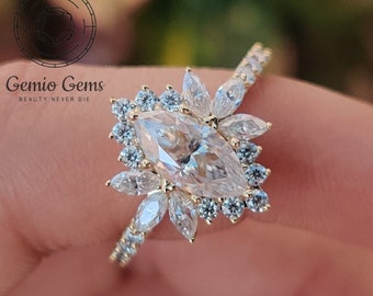 1.69 TCW Marquise Cut Moissanite Engagement Ring Starburst Engagement Ring Halo Wedding Ring 14K Yellow Gold Vintage Ring Anniversary Ring