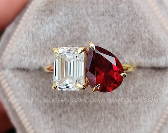 Toi Et Moi Ring, Colorless Emerald And Red Garnet Pear Cut Moissanite Engagement Ring, 14K Solid Gold Ring, Two Stone Ring, Gift For Her