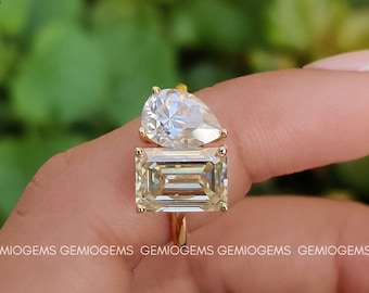 Toi Et Moi Ring, Pear And Emerald Cut Moissanite Engagement Ring, 14K Solid Gold Ring, Yellow Diamond Ring, Two Stone Ring, Promise Ring