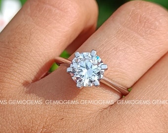 2 CT Rundschliff Moissanit Verlobungsring, 14K Weißgold Ring, Sechs Zinken Ring, Stapelbarer Ring, Solitär Ring, Vorschlag Ring für Sie