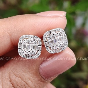 Round and Baguette Cut Lab Grown Diamond Earring Studs, 14K Solid Yellow Gold Earrings, Cluster Earrings, Wedding Earrings, Classic Earrings