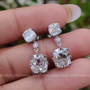 7.12 TW Cushion OMC And Round Cut Moissanite Wedding Earrings, 14K Solid White Gold Earrings, Dangle Drop Earrings, Anniversary Gift For Her