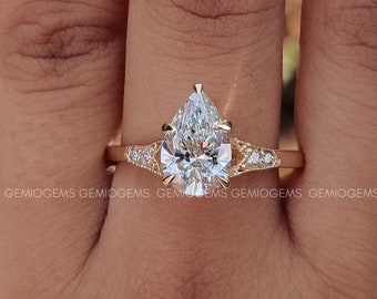 Anillo de compromiso con diamante cultivado en laboratorio de talla pera de 1,5 quilates, oro macizo de 14 quilates, engaste de cinco puntas, diamante CVD, anillo apilable, regalo para ella.