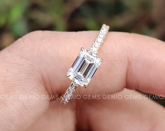 Tiny Ring, East West Ring, 1 CT Emerald Cut Lab Grown Diamond Engagement Ring, 14K Solid Gold Ring, Solitaire Ring, Promise Ring For Her