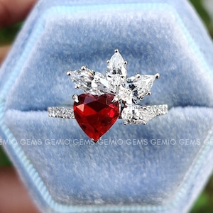 1.21 CT Heart Cut Red Garnet Engagement Ring, 14K Solid White Gold Ring, Pave Setting Ring, Starburst Ring, Birthstone Ring, Promise Ring