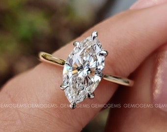 2 CT Marquise Cut Lab Grown Diamond Engagement Ring, 14K Solid Gold Ring, Solitaire Ring, Hidden Halo Ring, Proposal Ring, Anniversary Gift