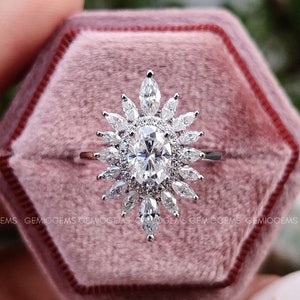 0.75 CT Oval Cut Moissanite Halo Engagement Ring, 14K Solid Gold Ring, Starburst Ring, Double Halo Ring, Art Deco Ring, Vintage Ring For Her