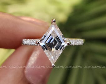 Anel com diamante de 2 quilates em corte losango, cultivado em laboratório, em ouro branco maciço 14K, com cravação pavé, certificado pelo IGI, anel de noivado para ela.