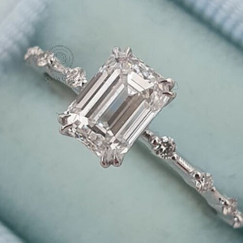 14K White Gold Wedding Ring Emerald Cut Moissanite Engagement Etsy