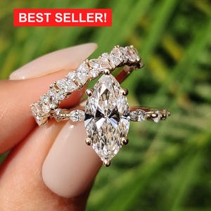 Zestaw pierścionków zaręczynowych z moissanitem markizowym o masie 2,5 ct, zestaw obrączek ślubnych dla kobiet ze złota 14-karatowego