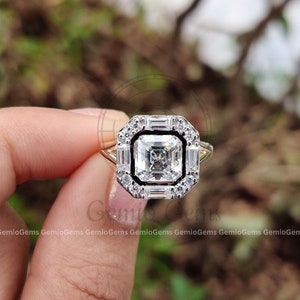 Anillo de compromiso de moissanita talla Asscher de 2 quilates, anillo de oro macizo de 14 quilates con brazo dividido, engaste tipo halo, anillo de boda, regalo de aniversario para ella.