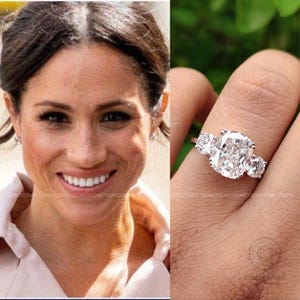 Meghan Markle Replica 3 CT Cushion Cut Moissanite Engagement Ring, 925 Sterling Silver Ring, Three Stone Ring, Trilogy Ring, Promise Ring