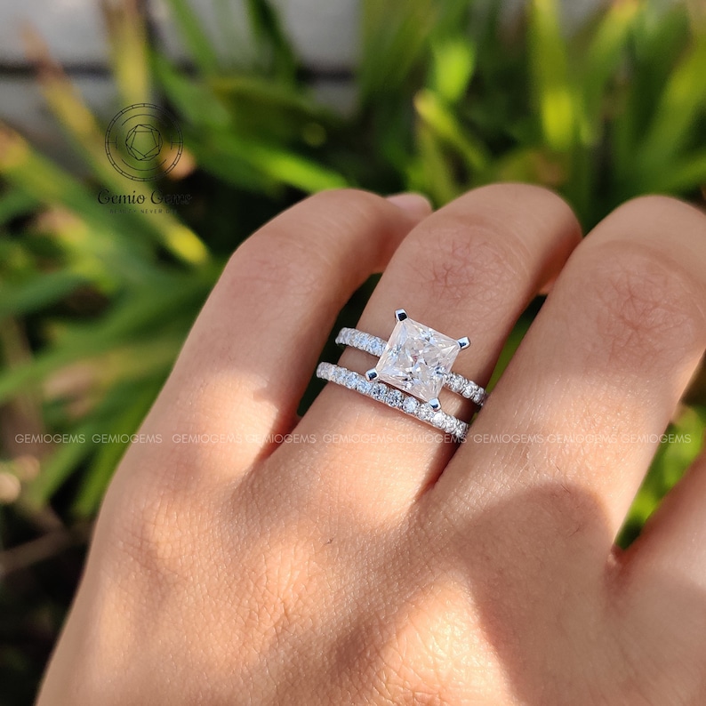 2ct 7mm Princess Moissanite Wedding Ring Set, Engagement Ring Set,14K Solid Gold, Princess Ring, Bridal Sets, Simulated Diamond ring set image 10