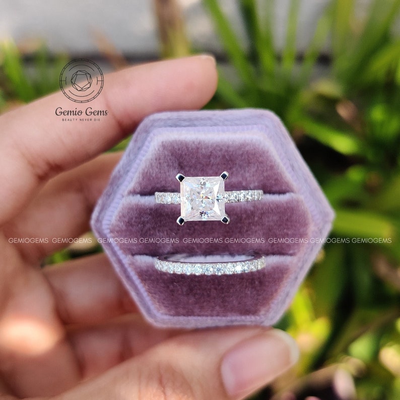 2ct 7mm Princess Moissanite Wedding Ring Set, Engagement Ring Set,14K Solid Gold, Princess Ring, Bridal Sets, Simulated Diamond ring set image 1