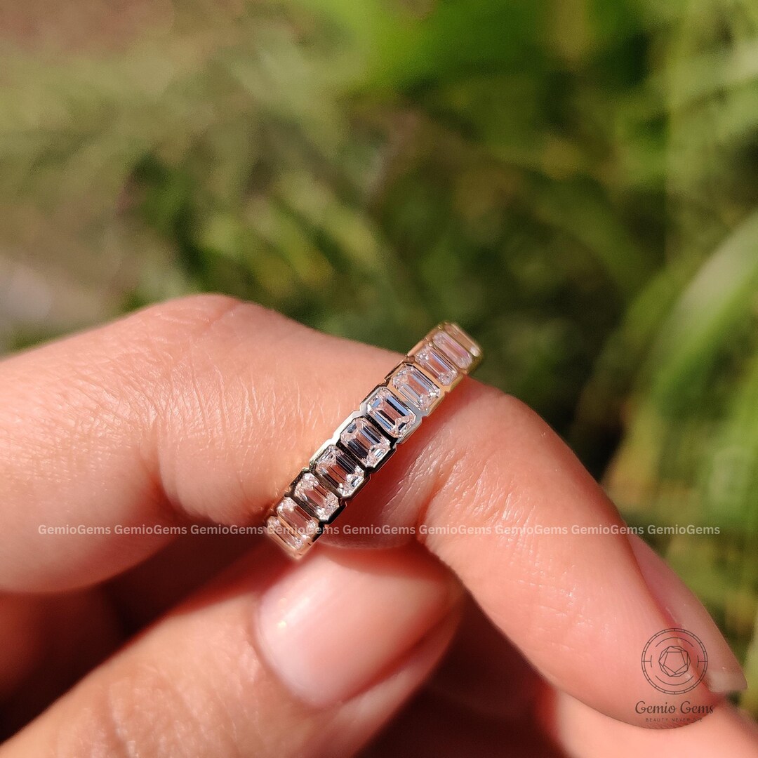 Emerald Cut Moissanite Wedding Band, 14K Solid Gold Band, 3/4 Eternity ...