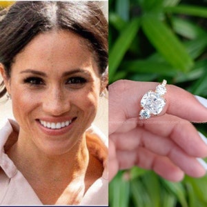Meghan Markle Replica Ring, Elongated Cushion Cut Moissanite Engagement Ring, Three Stone 14K Solid Gold Ring Fake Diamond Ring Promise Gift