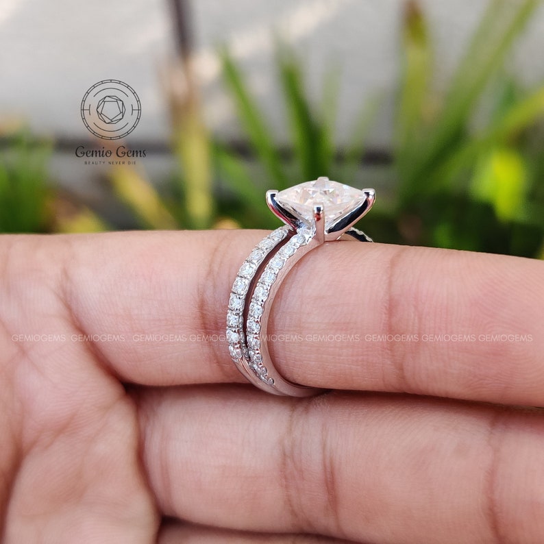 2ct 7mm Princess Moissanite Wedding Ring Set, Engagement Ring Set,14K Solid Gold, Princess Ring, Bridal Sets, Simulated Diamond ring set image 8