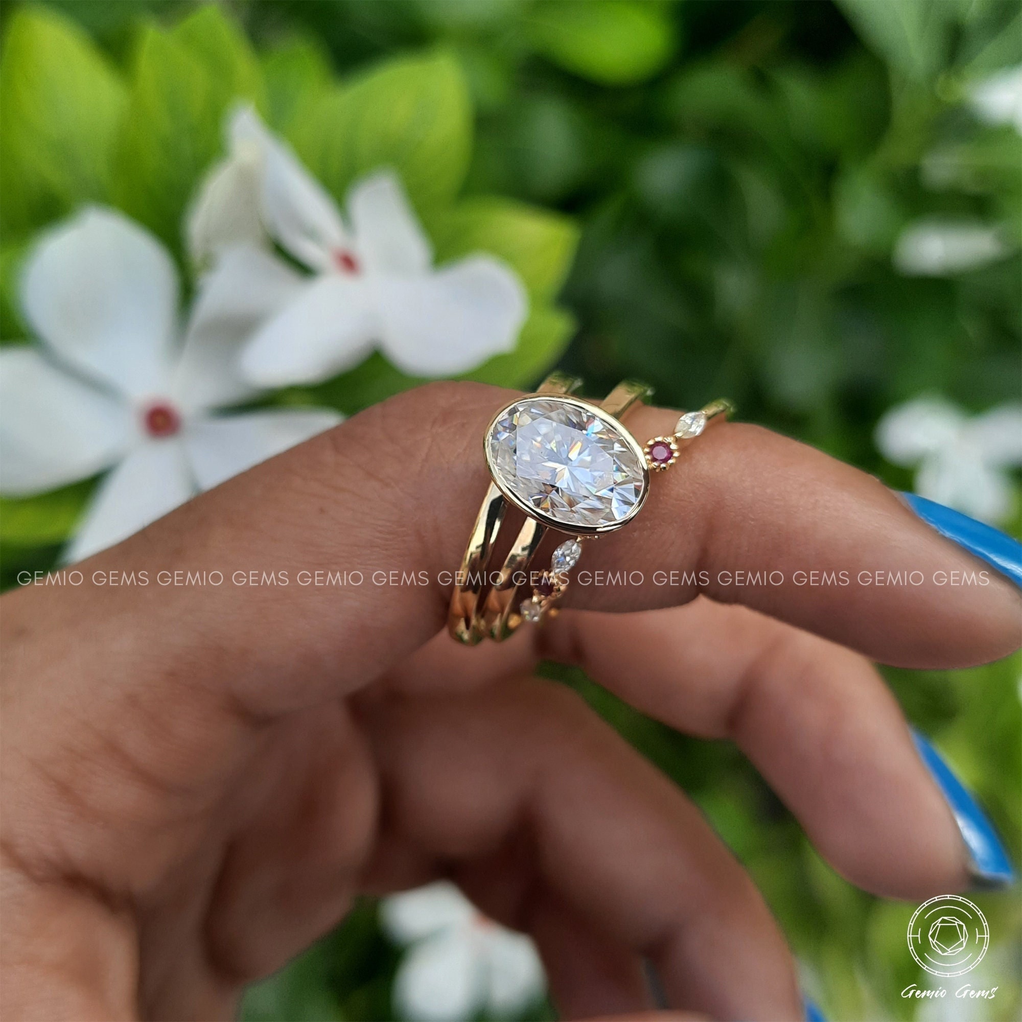 3 CT Oval Cut Moissanite Engagement Ring Set, 14K Solid Gold Ring Set ...