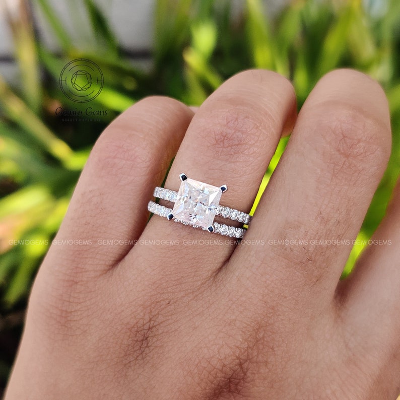 2ct 7mm Princess Moissanite Wedding Ring Set, Engagement Ring Set,14K Solid Gold, Princess Ring, Bridal Sets, Simulated Diamond ring set image 3