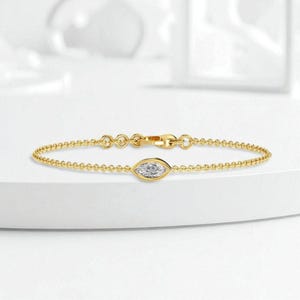 Marquise Solitaire Bracelet, Dainty Diamond Bracelet, Minimalist Jewelry Gift, Bezel Set Chain Bracelet, Anniversary Gift For Her