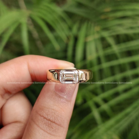 CVD Diamond Ring, 1.25 CT Emerald Cut Lab Grown Diamond Engagement Ring, 14K Solid Gold Bezel Ring, Proposal Ring, Comfort Fit Ring For Her