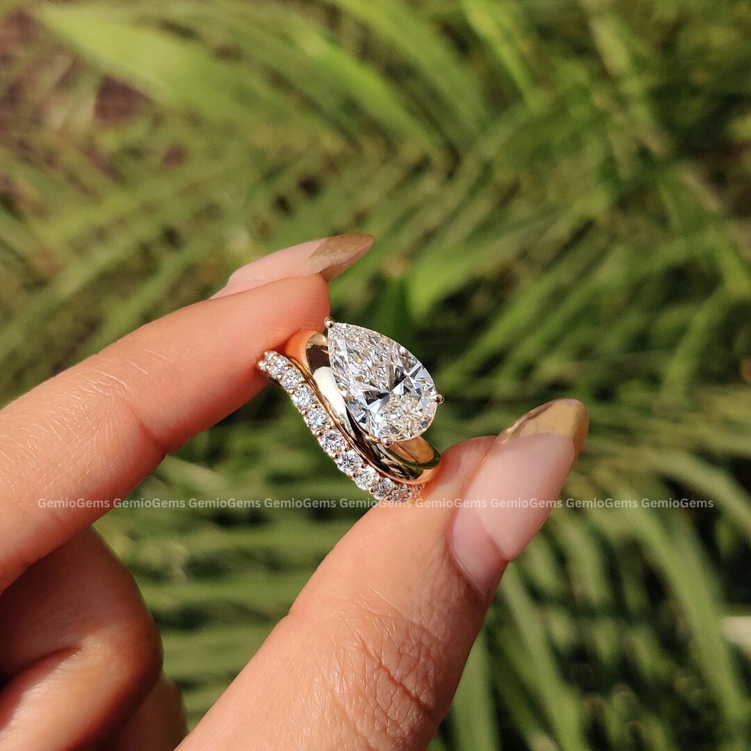 3.5 CT Pear Cut Lab Grown Diamond Engagement Ring Set 14K Solid Gold ...