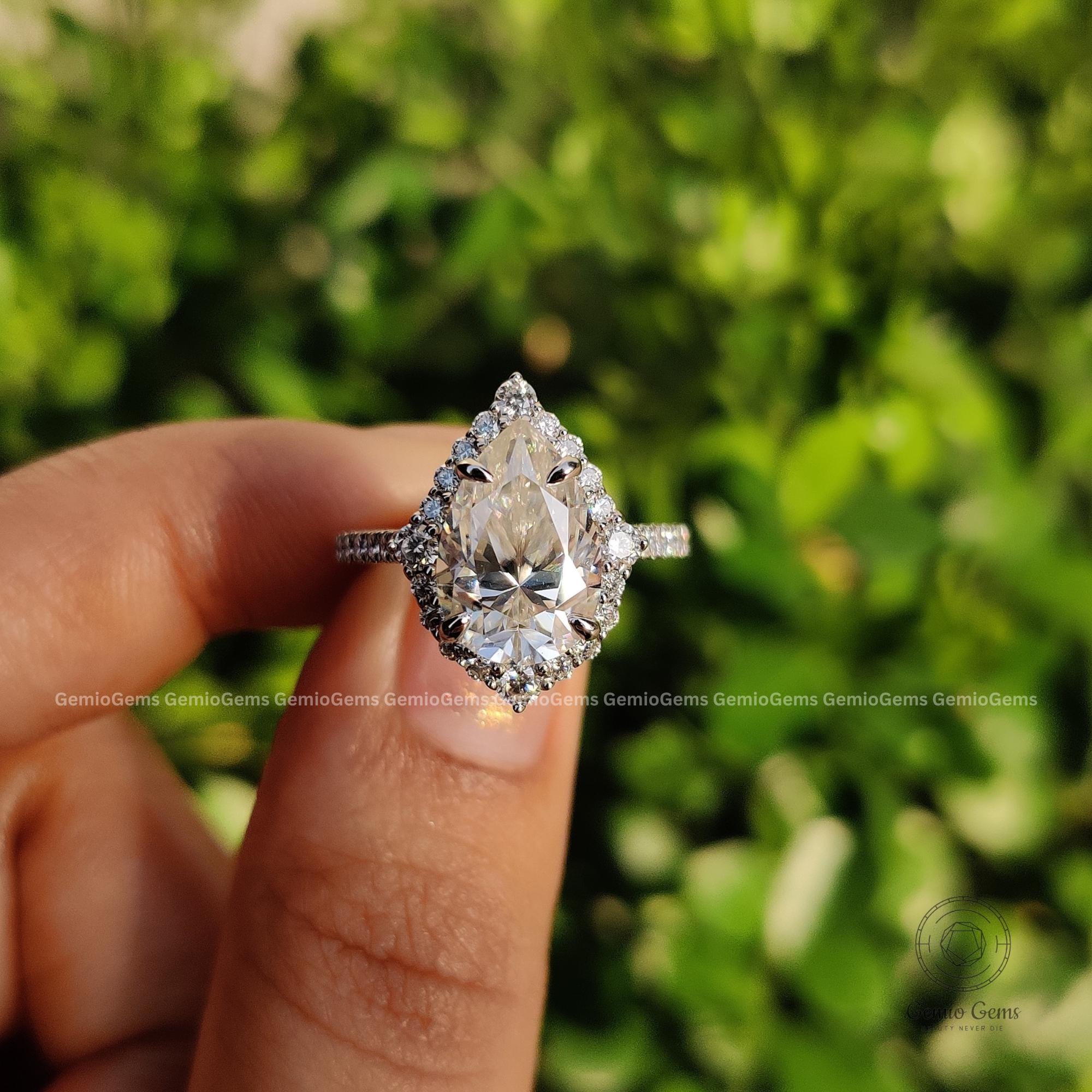 Pear Shaped Moissanite Ring 14K/18K White Gold Ring 3 Carat Halo Vintage Engagement Ring Unique Art Deco Wedding Ring Bridal Ring For Women
