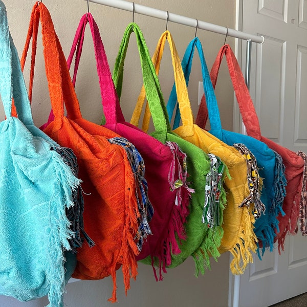 Ibiza - large towel beach bag, terry bag, fringe bag, pool bag