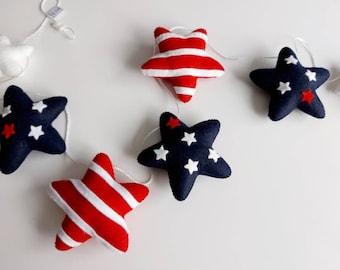 USA Felt Garland, Patriotic Home Decor, Independence Day Mantel Decor, Red Blue and White Stars for 4th of July