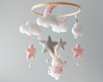 Móvil para niña, conejito con varita mágica, estrellas rosas y grises, decoración infantil
